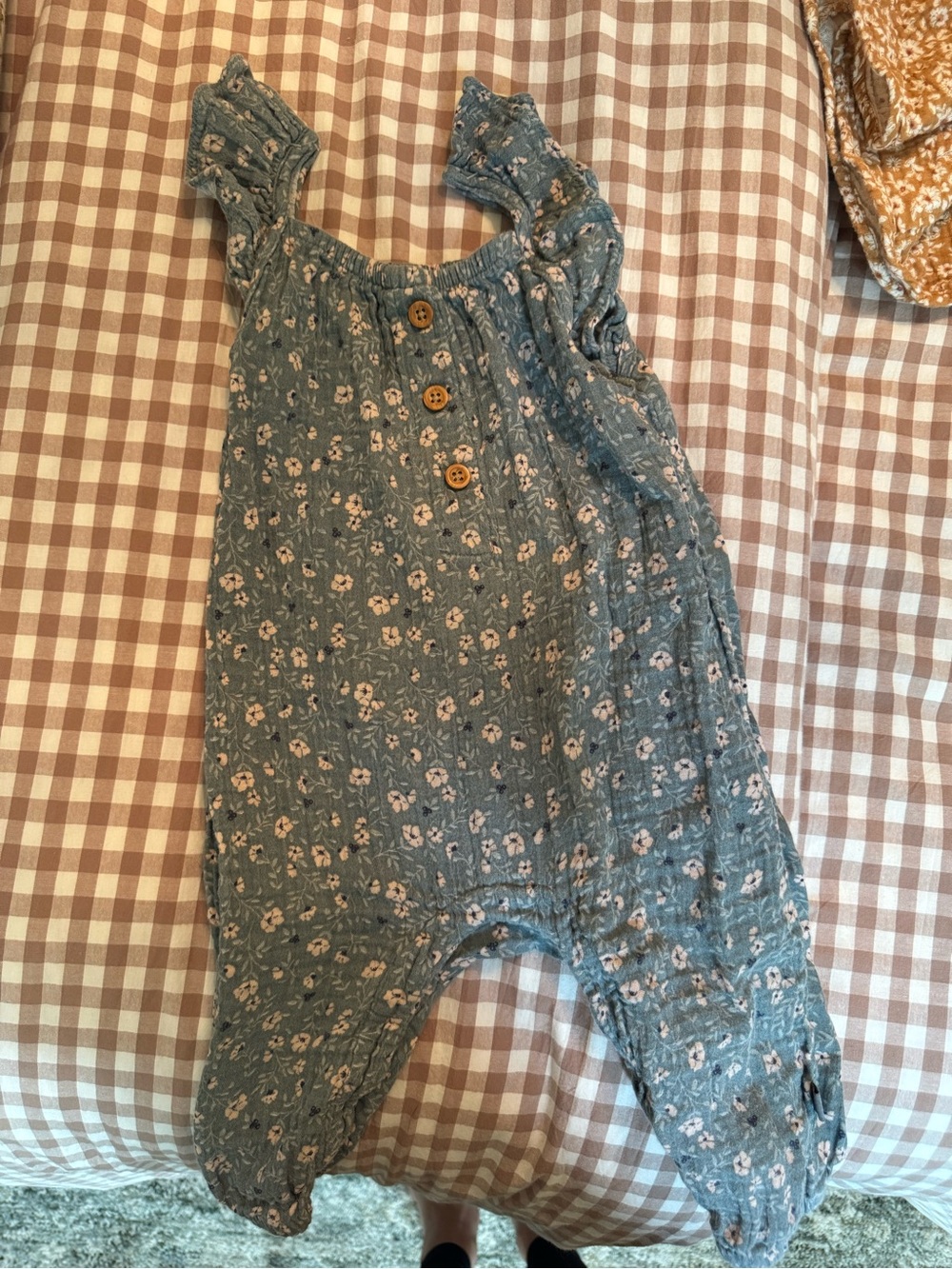 Girls' Blue Floral Sleeveless Romper with Button Detail